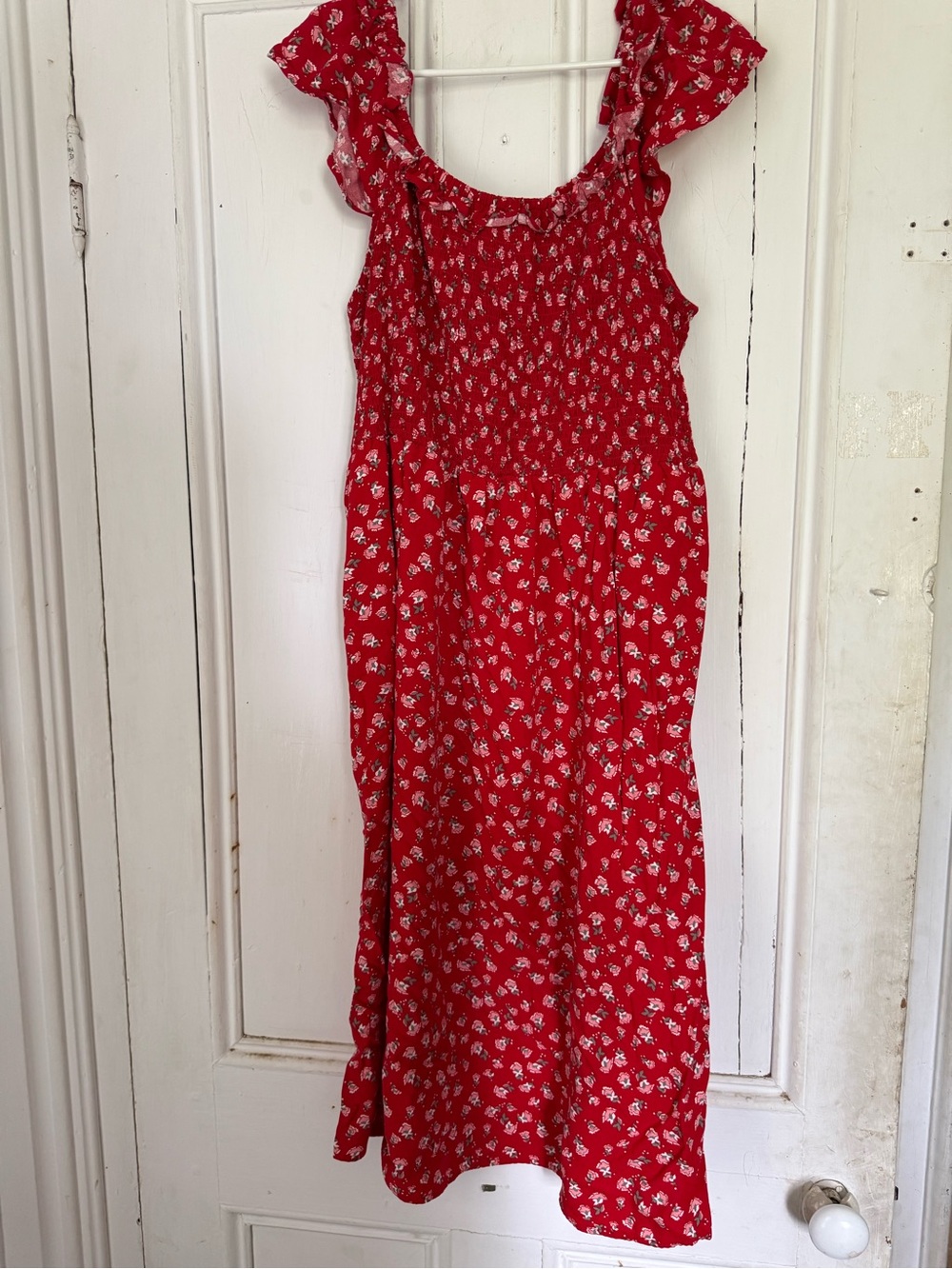 Red Floral Midi Dress with Ruffle Sleeves